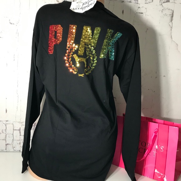 VS PINK XS S M L BLING SEQUIN CREW LONG-SLEEVE DOG - Picture 1 of 3